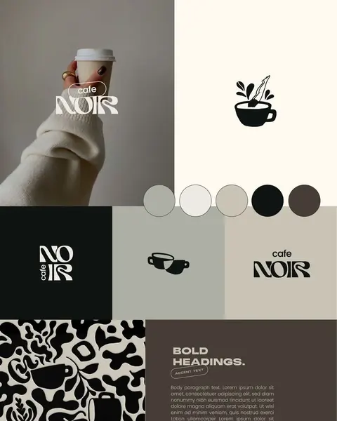 Cafe Noir brand board: the NOIR logotype on cups and a paper bag, a neutral color palette and a black and white pattern.
