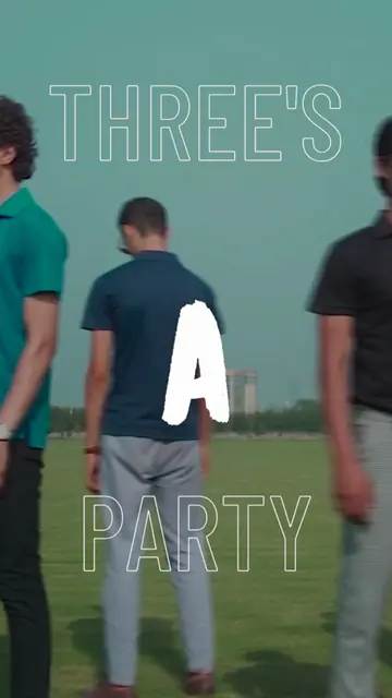 GrayHorse vertical ad: a model in sunglasses with the words Three's a party, then Grab a pack of 3.
