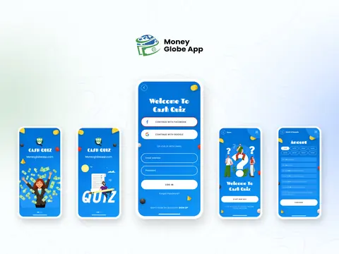 Money Globe app design: five bright blue screens for a Cash Quiz game, including welcome and sign-in.