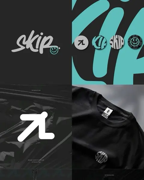 Skip brand board: a brush-script Skip logo, a teal arrow mark, black T-shirts and a hang tag.